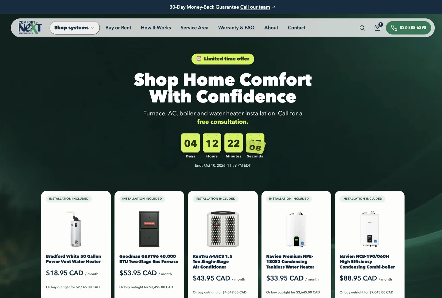 Comfort Next Shopify storefront on desktop, showing its home comfort offer and product catalogue.