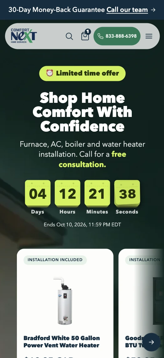 Comfort Next Shopify storefront on mobile, showing its compact navigation and home comfort offer.
