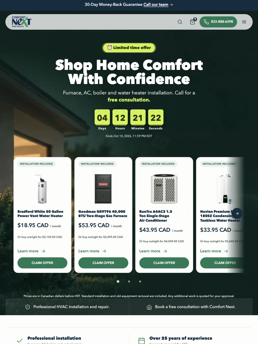 Comfort Next Shopify storefront on tablet, with its responsive navigation, offer, and product cards.